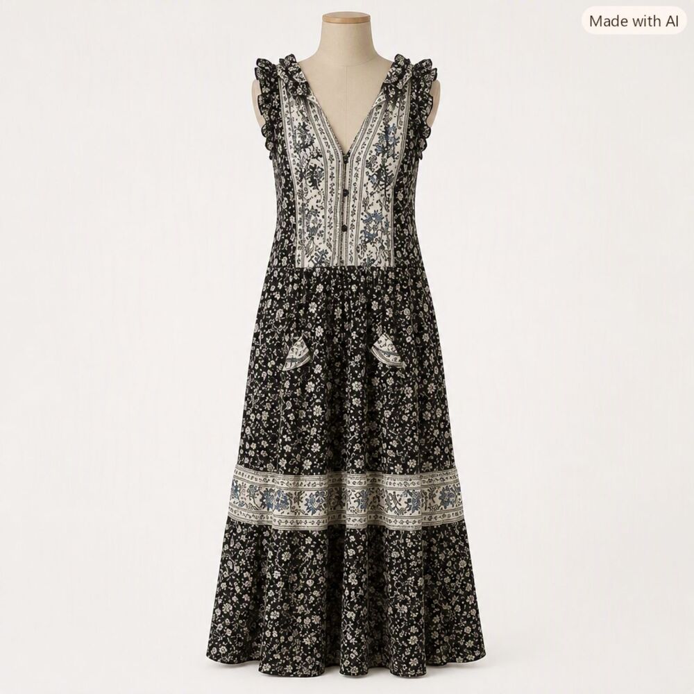 Knox Rose Navy & Ivory Floral Maxi Dress – Boho Sleeveless Size M